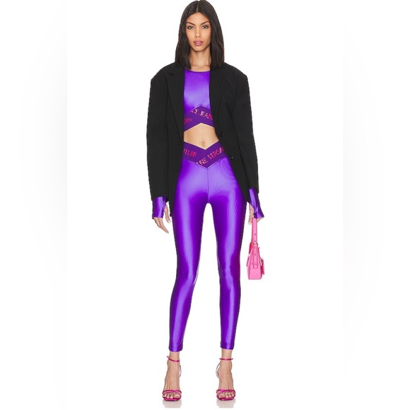 Versace Jeans Couture Satin Legging Doodle Waistband in Royal Purple Sz 4 AS IS